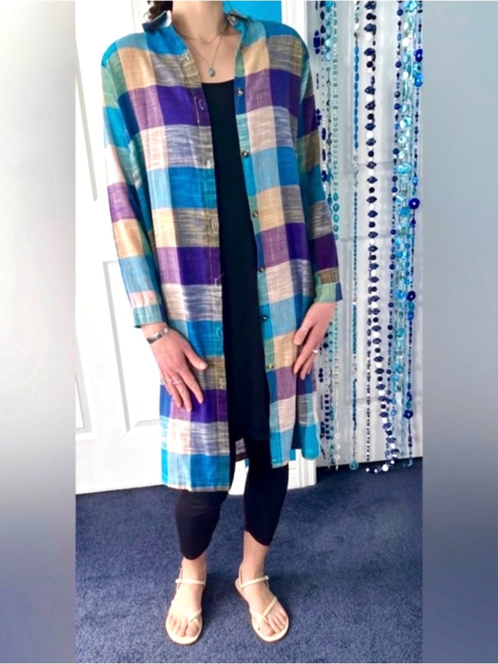 🆕 Linen Turquoise Purple Plaid Duster • Long Shirt Jacket • Lightweight • NWT